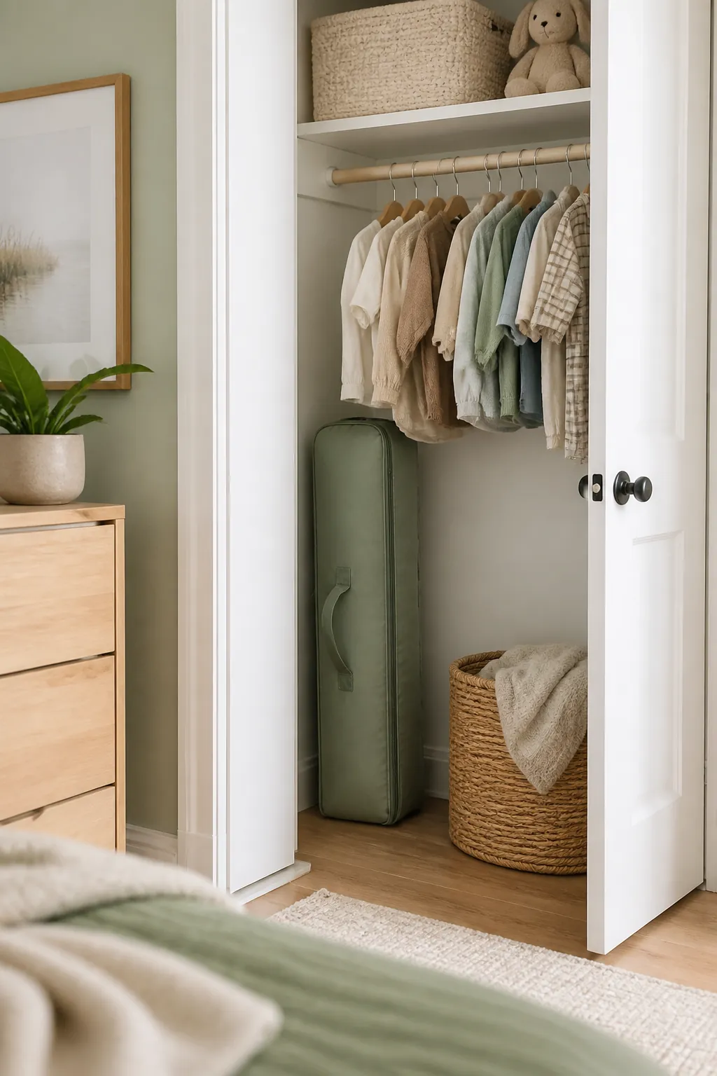 A folded pack n play bag stands upright in a closet corner beside the hanging rod.