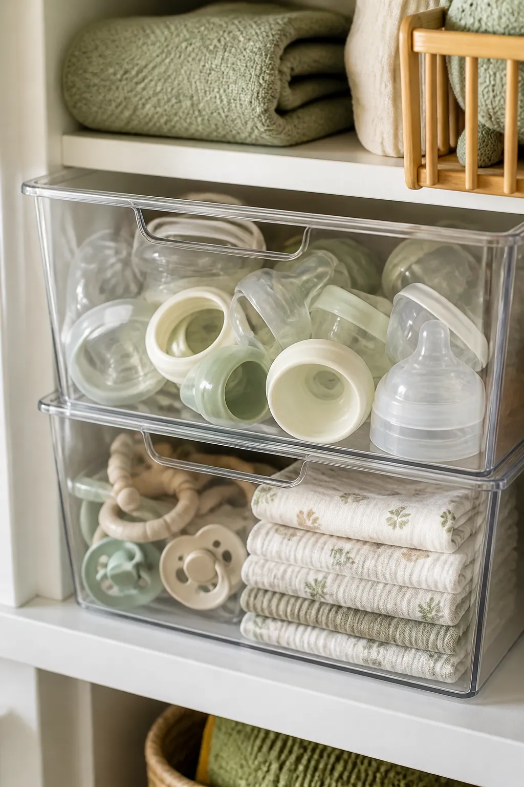 A clear stackable bin on a closet shelf holds bottle parts, pacifiers, and folded burp cloths.