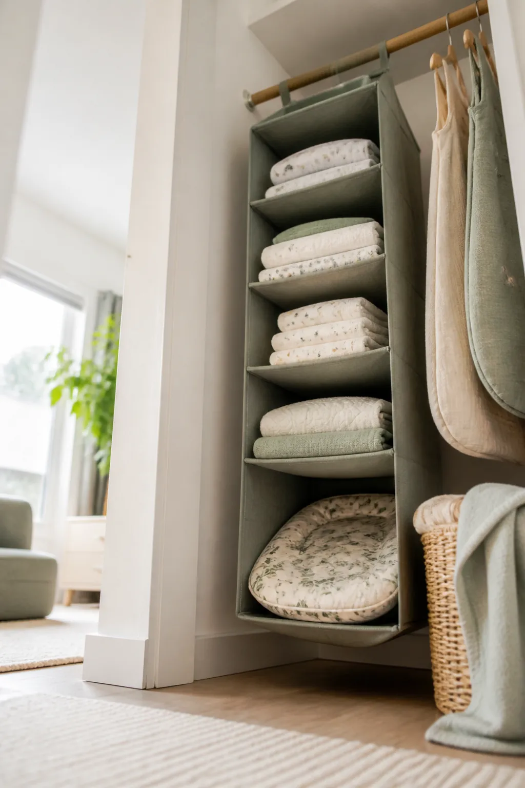 A six-shelf hanging organizer clipped over a closet rod holds folded swaddle blankets and a spare cover.