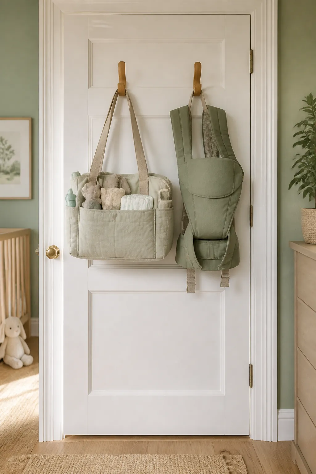 A packed diaper bag and a baby carrier hang from hooks on the back of a nursery door.