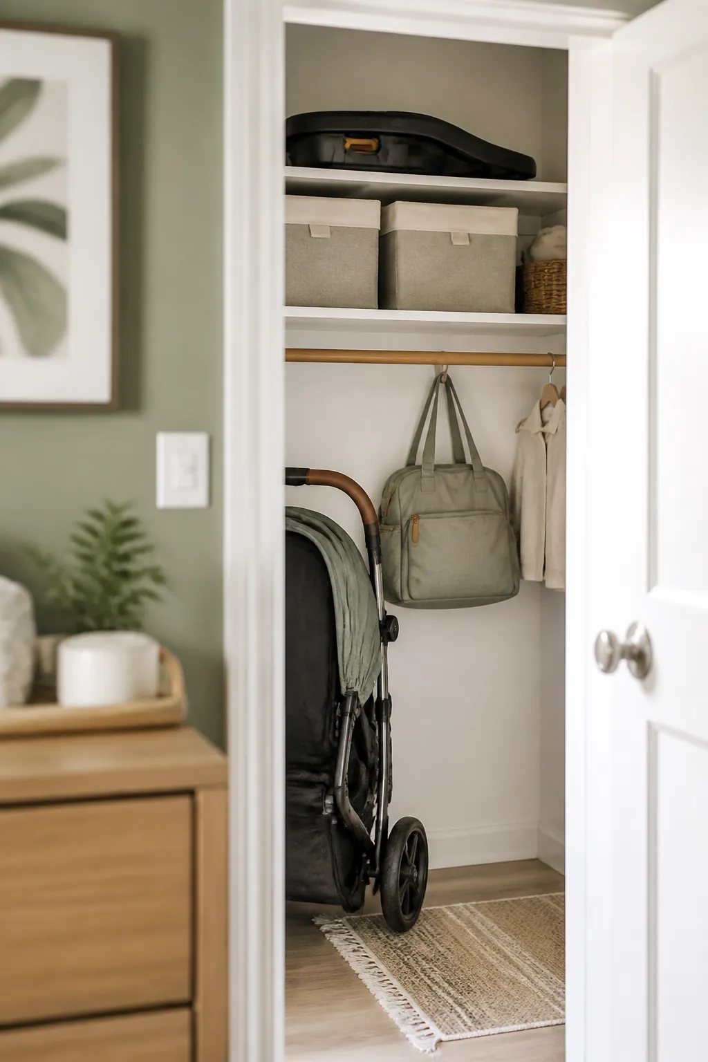 A closet's front holds a diaper bag and stroller within reach, its back holds bins on higher shelves.