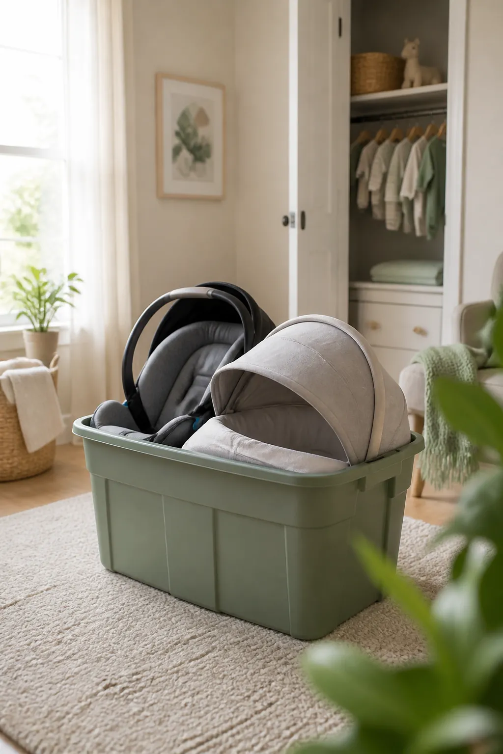 An infant car seat and bassinet attachment sit packed inside a labeled bin near a closet.