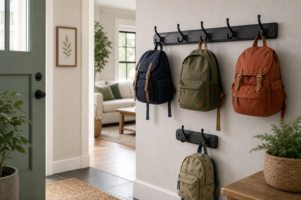 Two rows of heavy-duty wall hooks at adult and child height holding loaded backpacks, a simple backpack storage setup on a gray entry wall