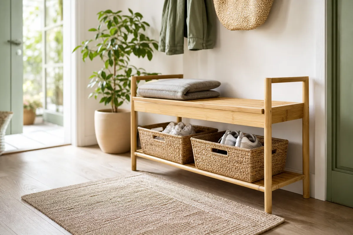 Bamboo storage bench with woven shoe baskets underneath and a mat in front, part of a floor-level backpack storage drop zone