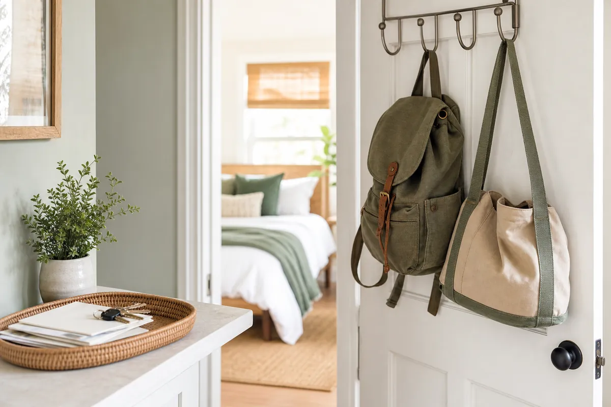 Over-the-door hook hanger on a white door holding backpacks and a duffel, no-drill backpack storage with a small paper tray nearby