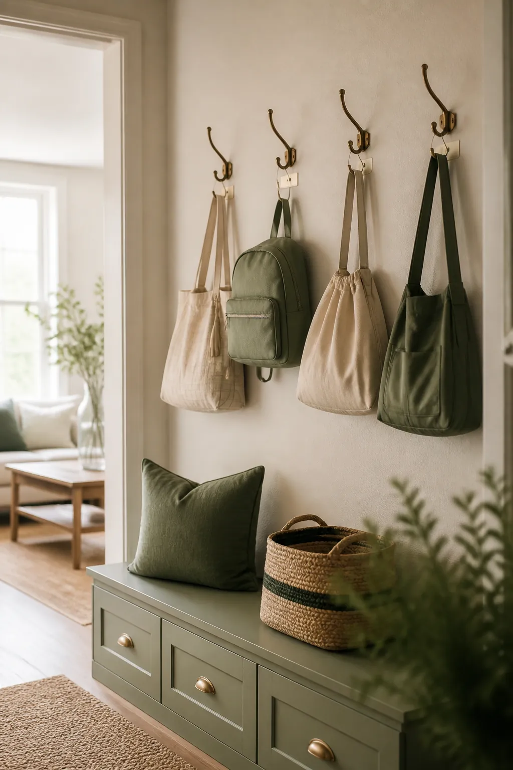 Four labeled hooks in a row on an entry wall, each holding a single bag