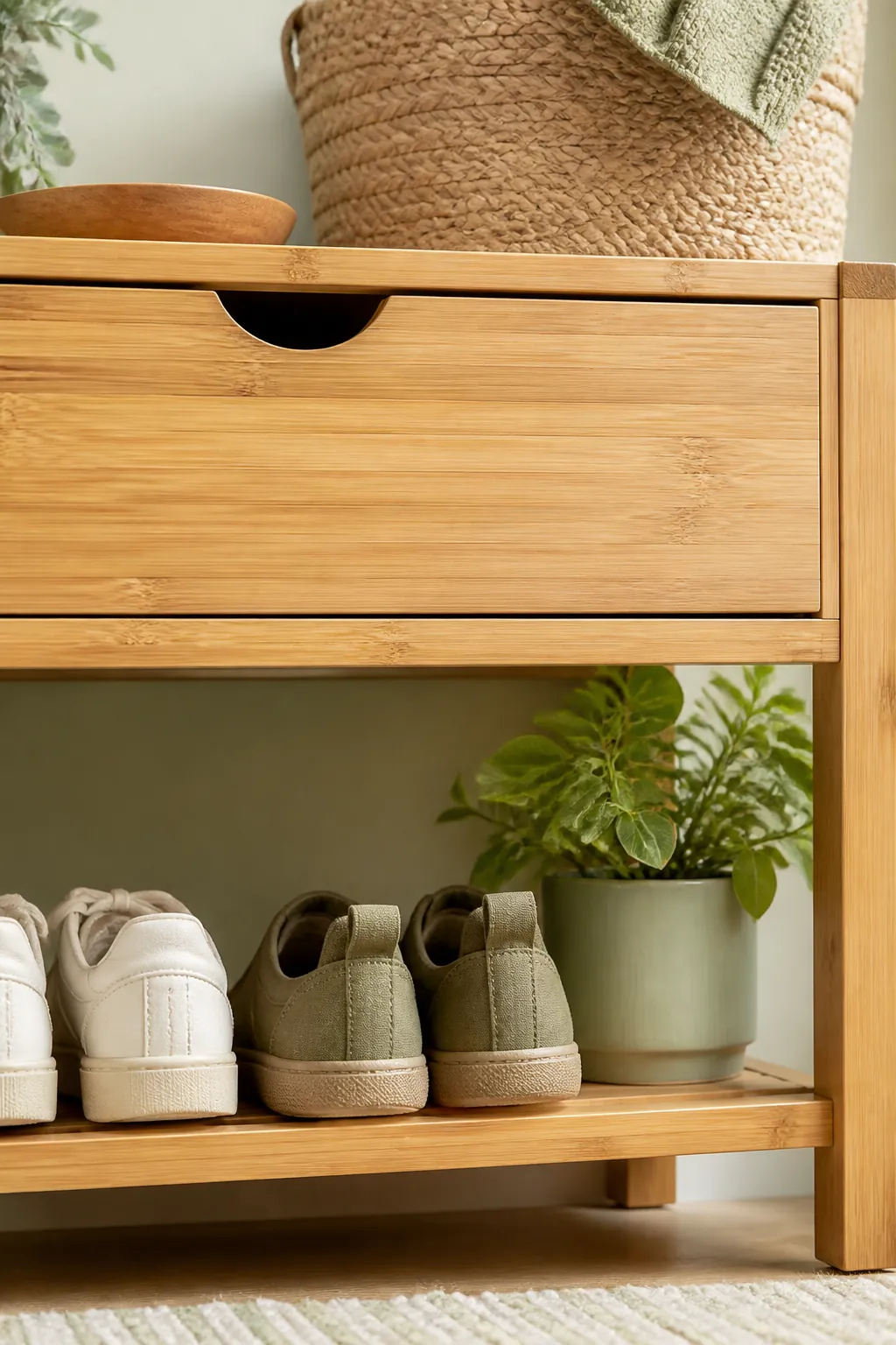 A bamboo storage bench beneath a row of wall hooks with shoes lined up on its lower shelf