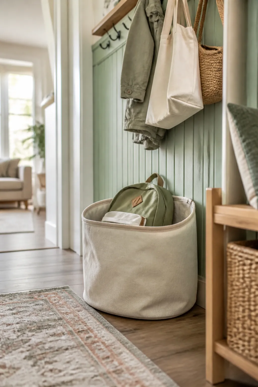 A large open fabric bin at the base of an entry hook rail holding a small child's backpack