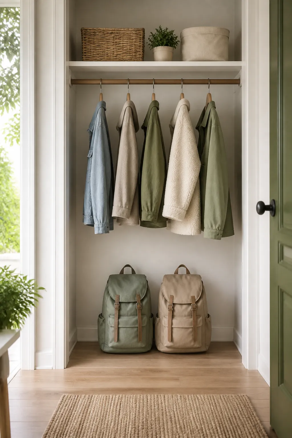 The cleared floor of an entry closet holding two upright backpacks beneath hanging coats