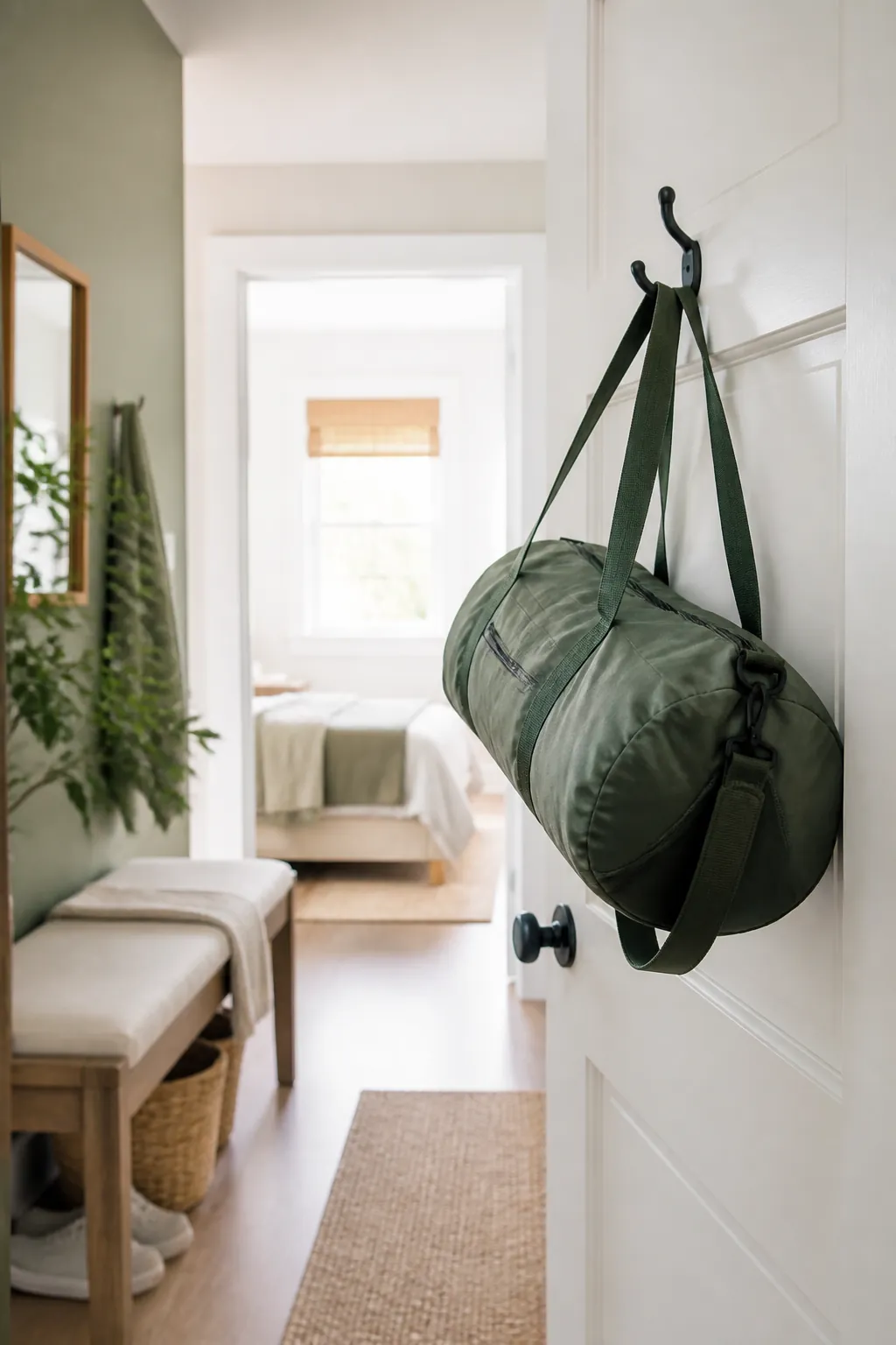 A single hook on the back of a bedroom door holding a sports duffel bag