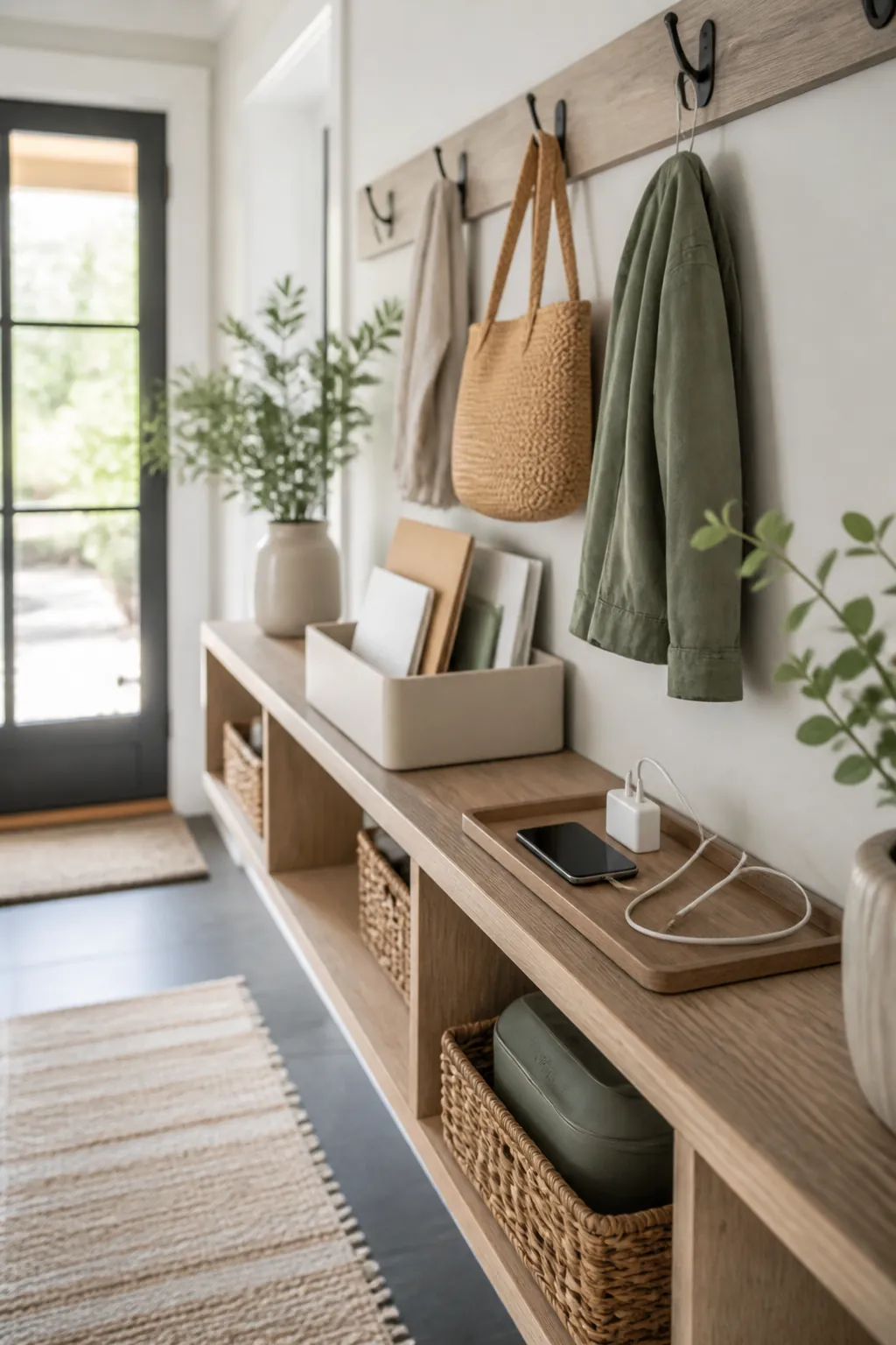 A narrow shelf beside entry hooks holding a paper tray, charging spot and a small bin