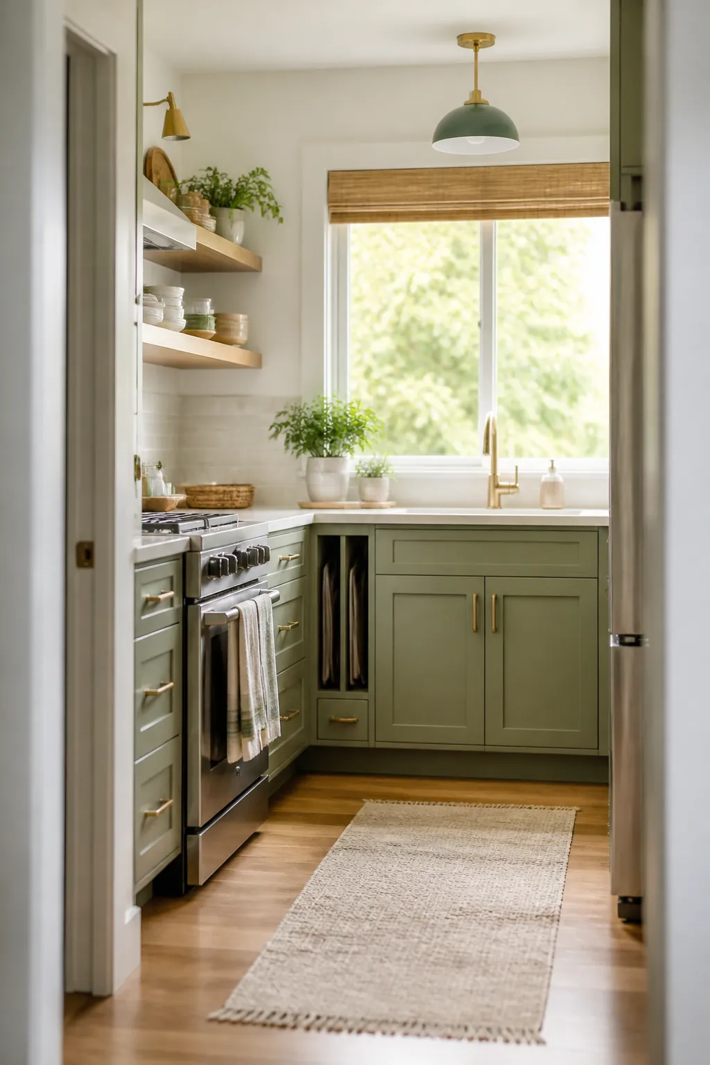 Six baking sheets standing on edge in a narrow slot inside a kitchen base cabinet