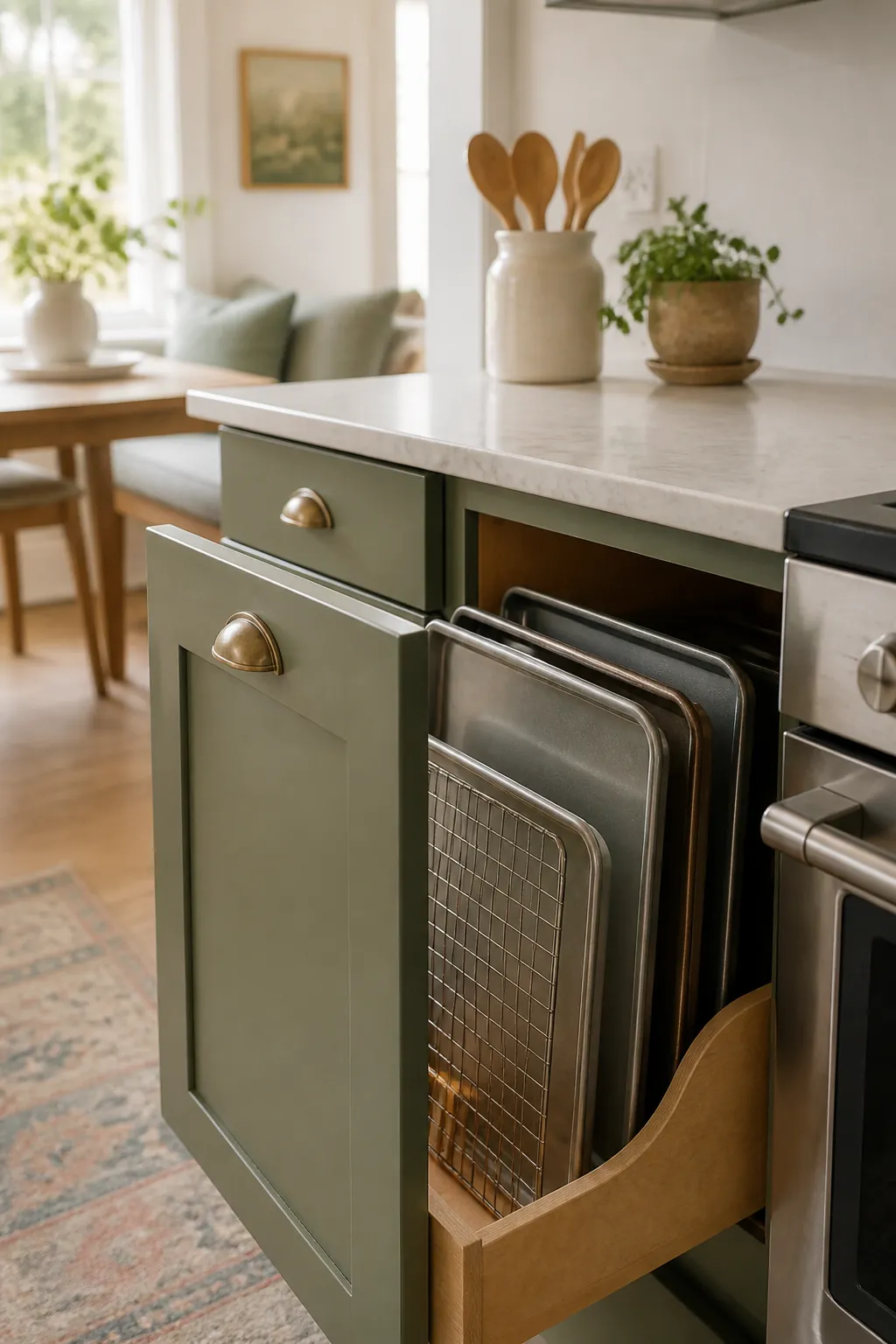 An open base cabinet at waist height holding baking sheets within arm's reach of the counter