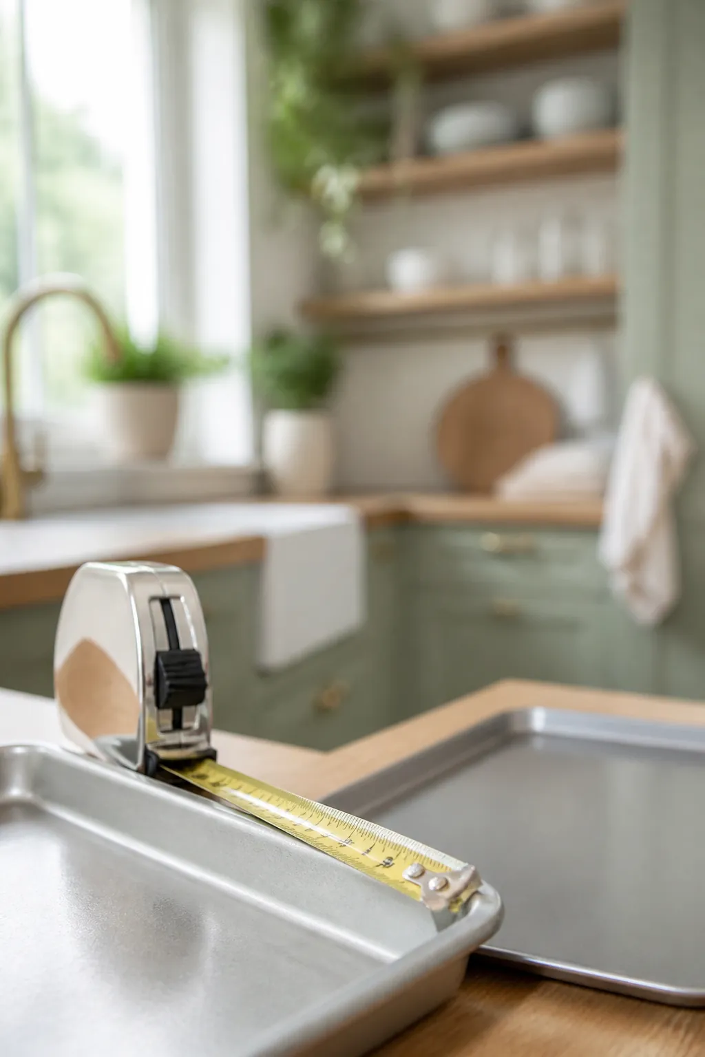A tape measure across the rim of a baking sheet next to a thinner flat cookie sheet