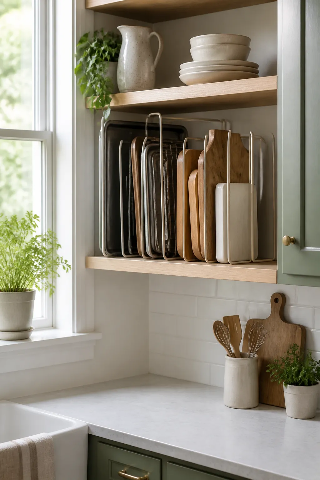 Wire shelf dividers splitting a kitchen shelf into vertical slots holding baking sheets