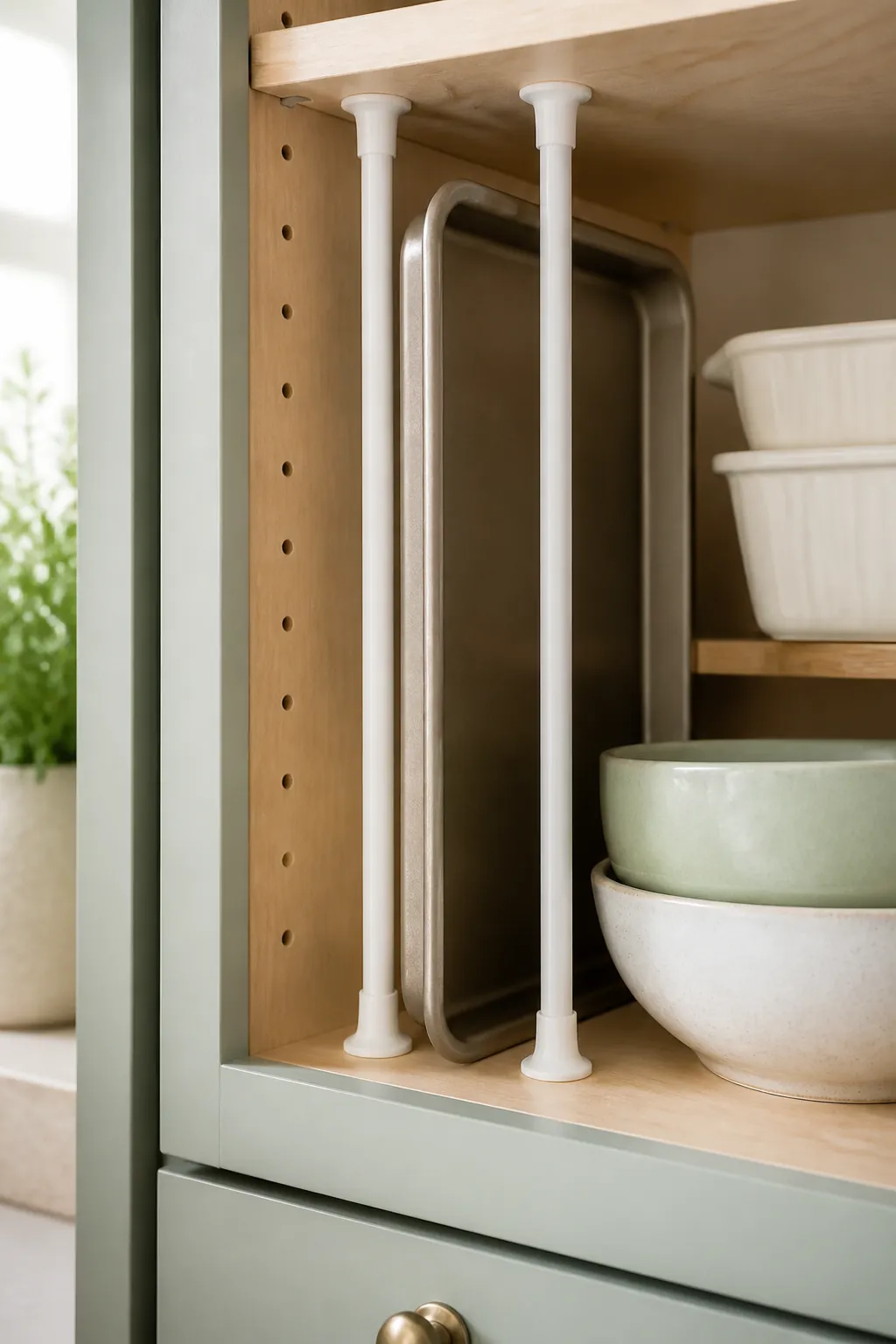 Two vertical tension rods inside a cabinet forming a slot that holds a baking sheet upright