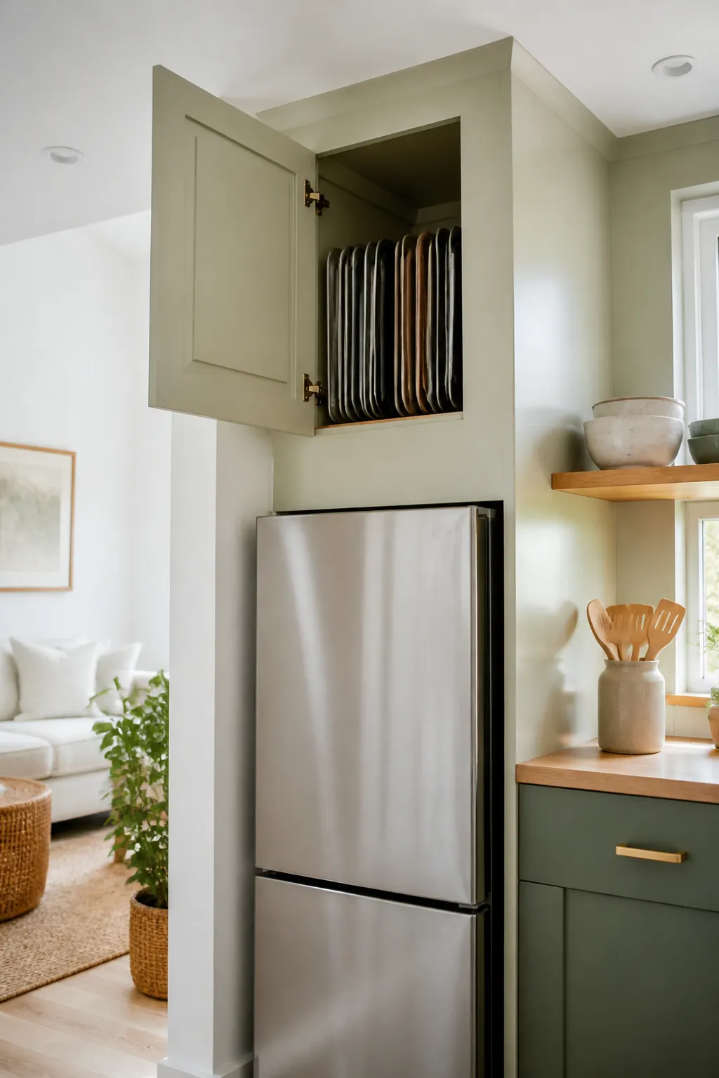 The cabinet above a refrigerator with baking sheets stored upright on their edges