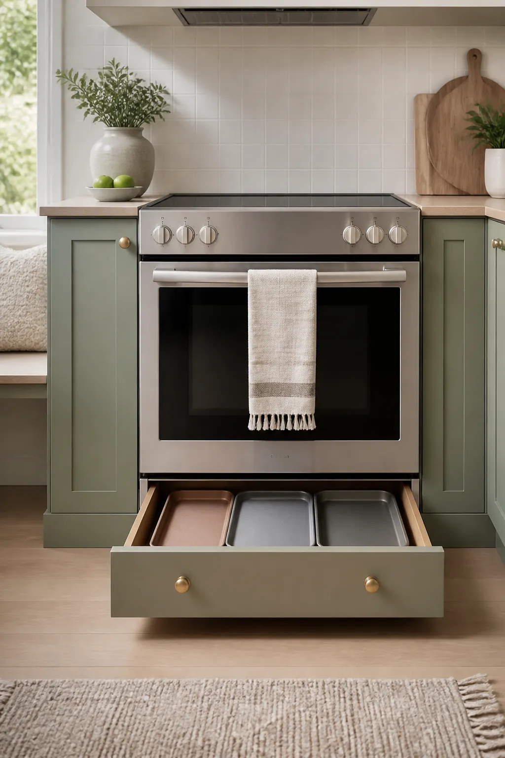 A shallow drawer under an oven pulled open to show baking sheets lying flat