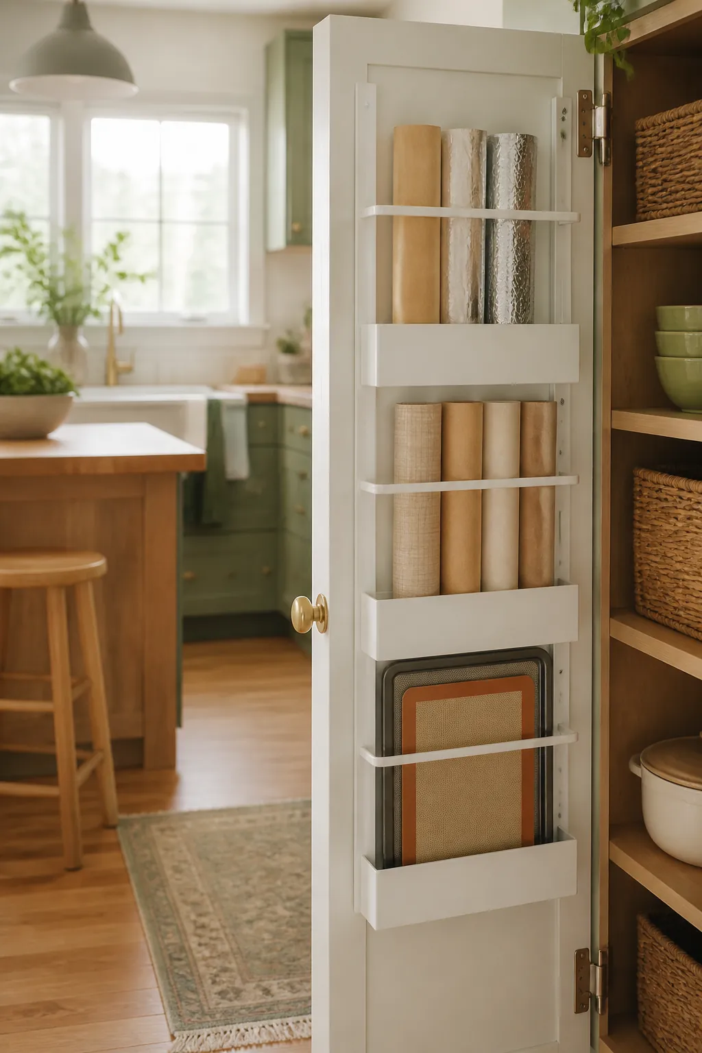 An over-the-door pantry organizer holding foil and parchment rolls on a cabinet door