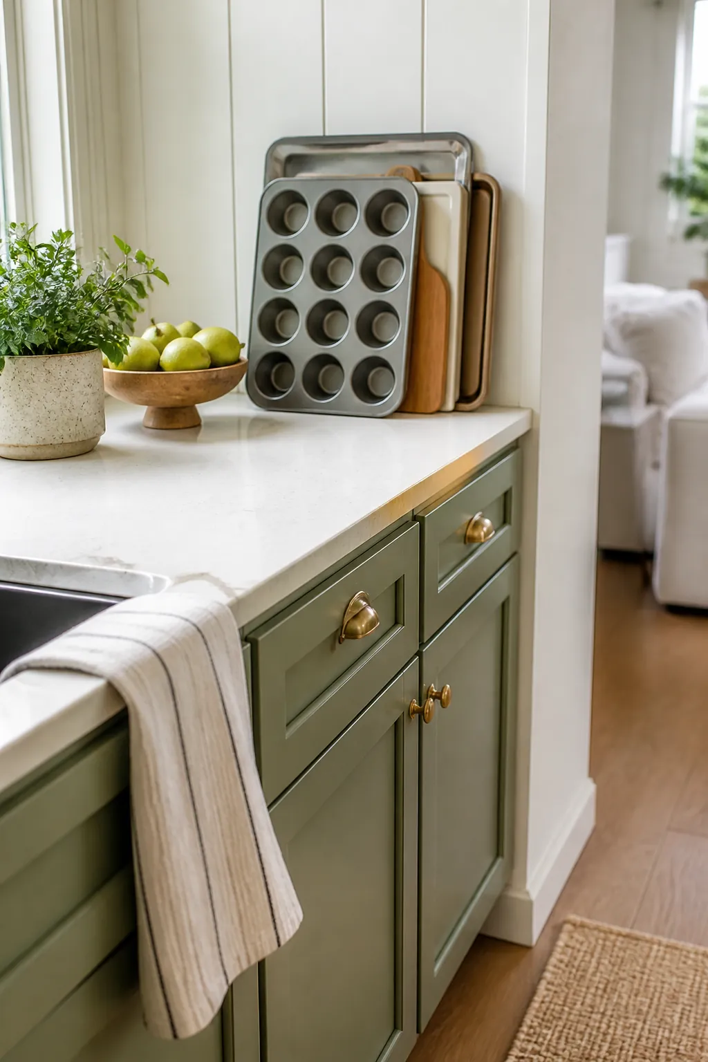 A muffin tin standing at the end of a row of baking sheets, braced by the cabinet side