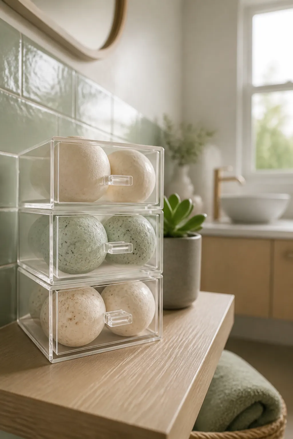 Three small clear drawers stacked on a vanity shelf, each holding a few bath bombs