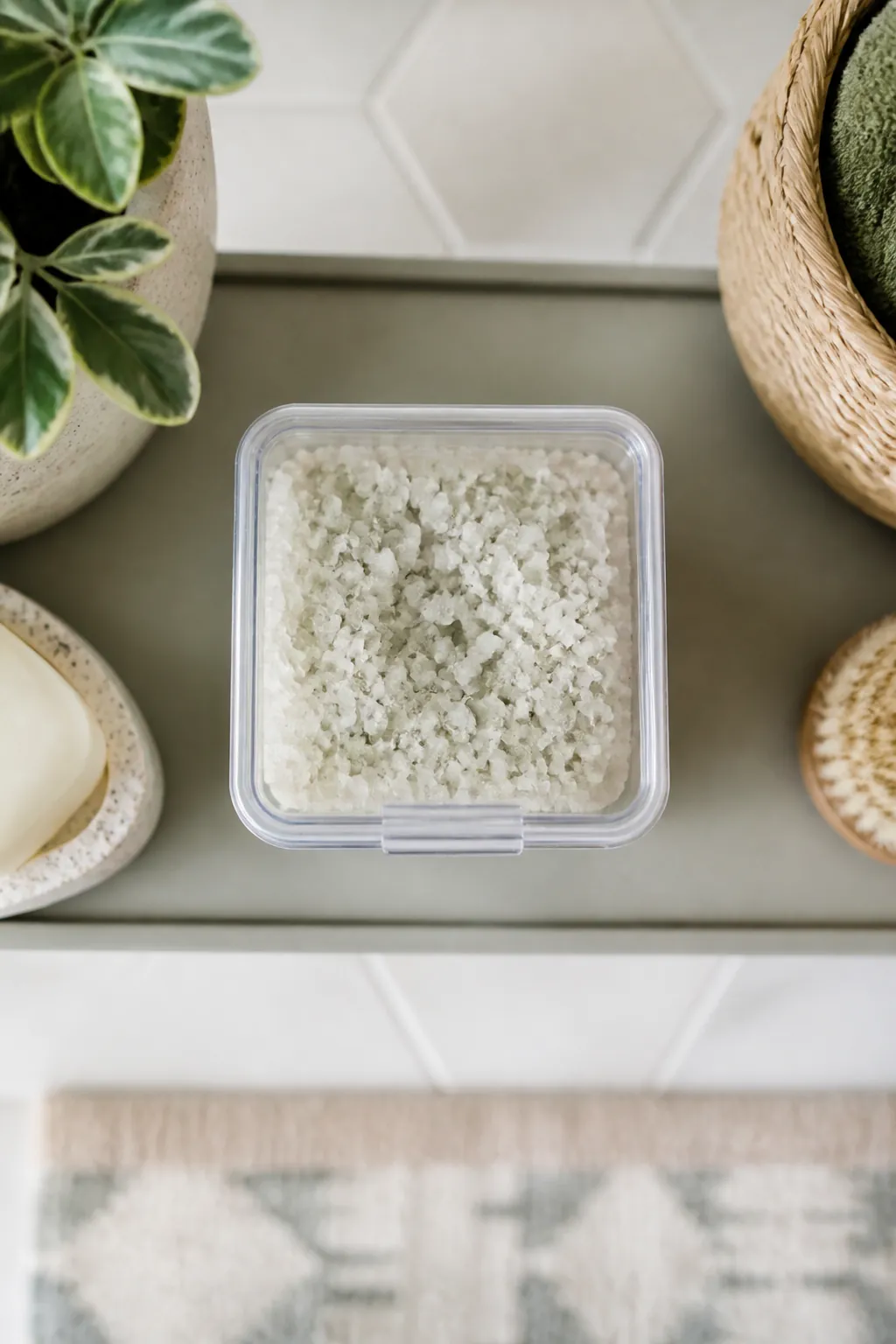 A clear lidded bin filled with loose bath salt crystals, the lid clicked fully shut