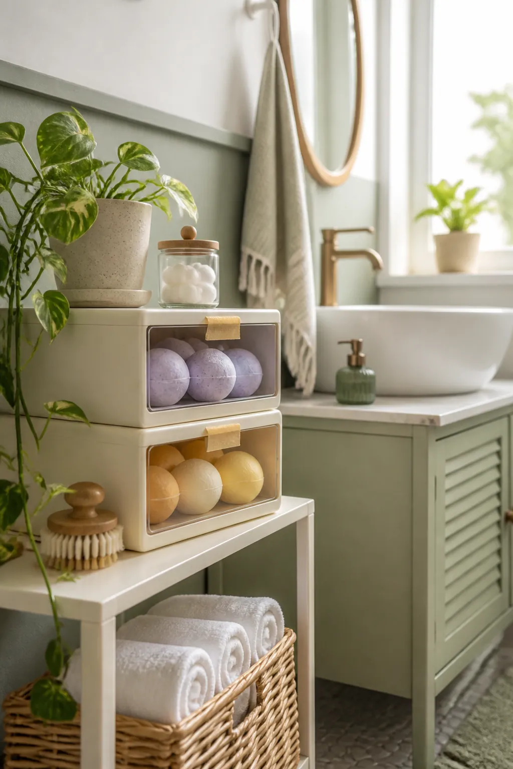 Two labeled drawers stacked together, one holding lavender bath bombs and the other citrus bombs