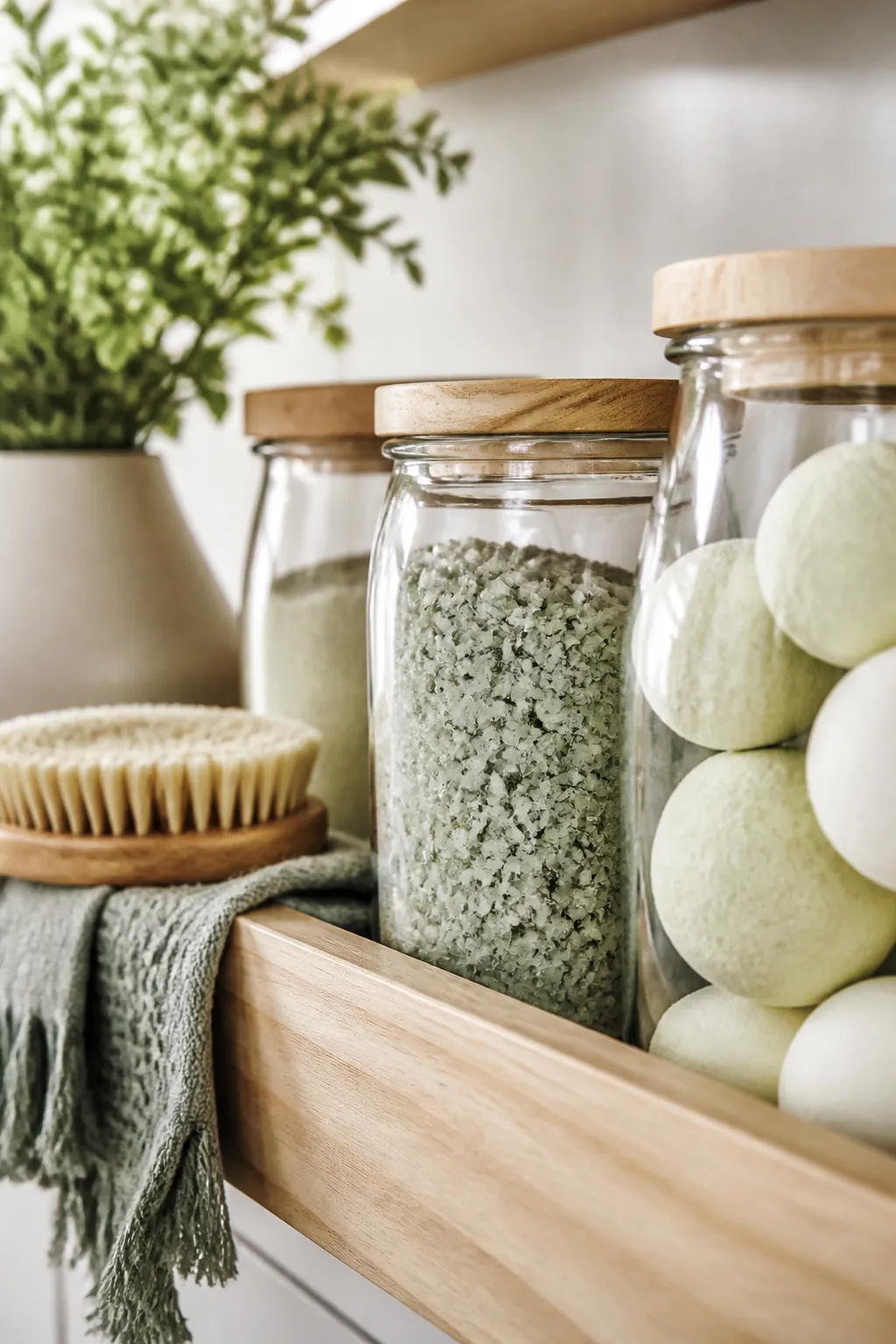 Sealed bath bomb and salt containers on a vanity shelf positioned across the room from the shower