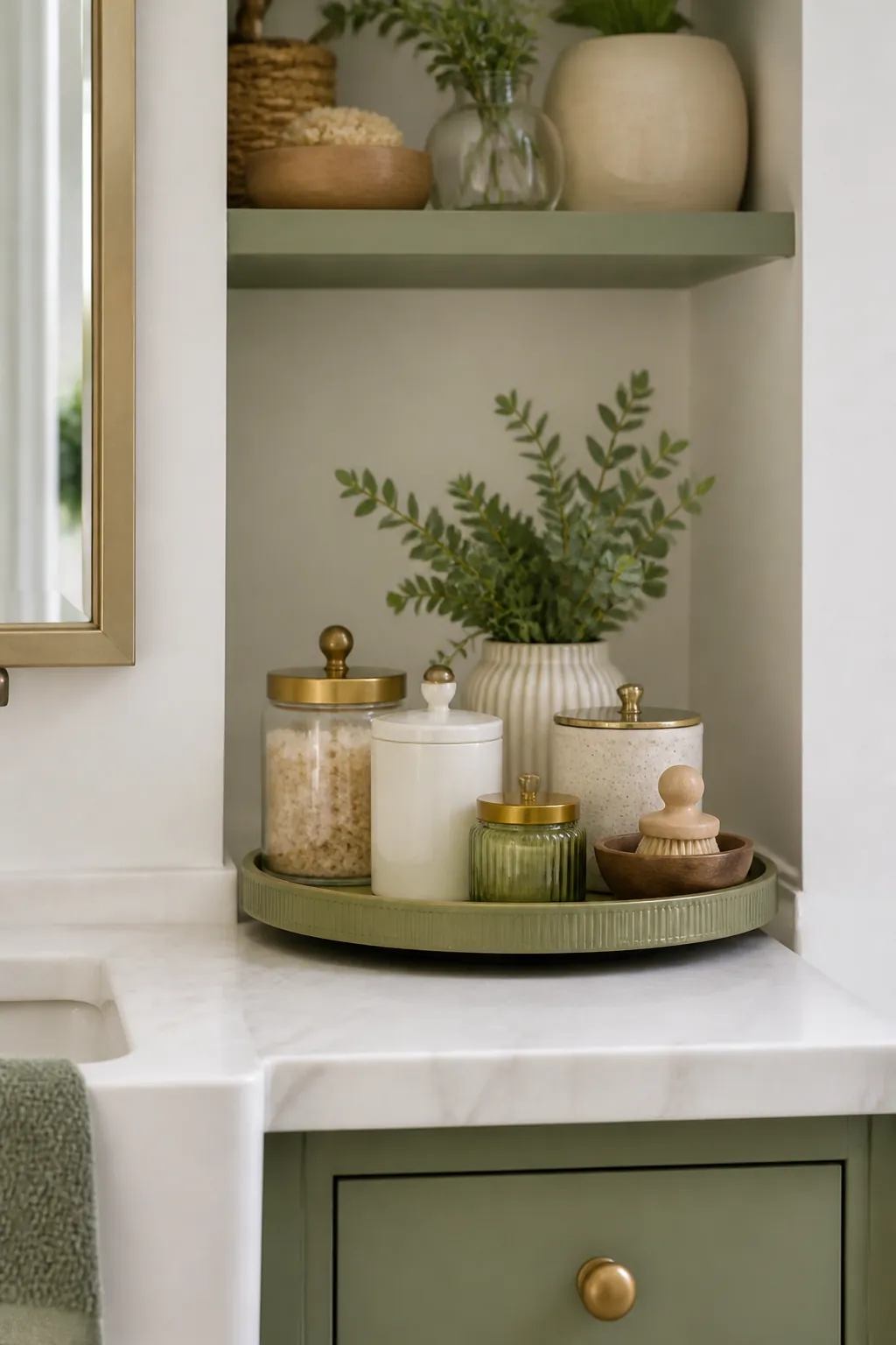 A round turntable on a corner shelf holding mismatched jars and tins of bath products
