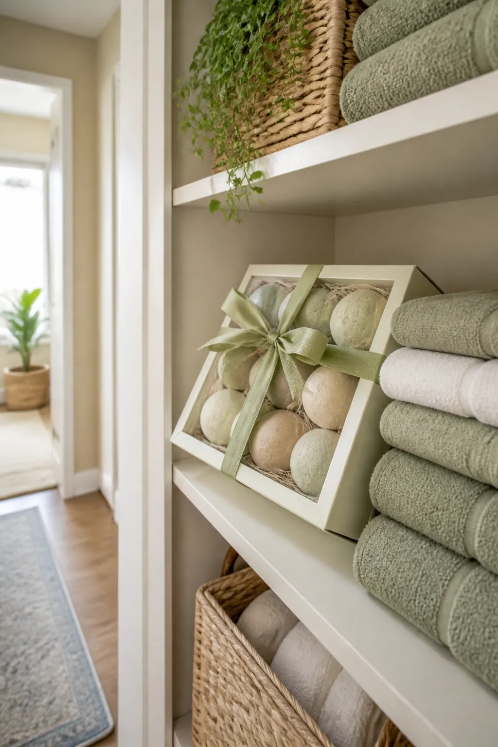 An unopened bath bomb gift box stored on a linen closet shelf next to folded towels