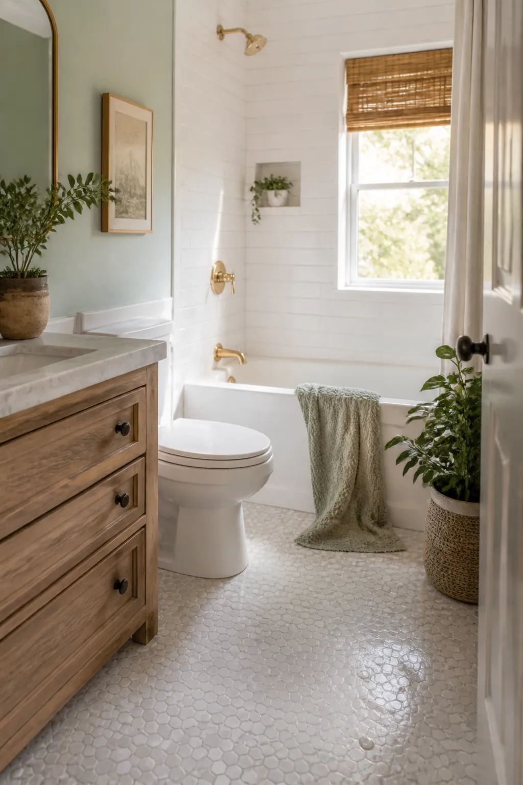 A bath mat draped over the edge of a tub rather than folded flat, water visible on the tile floor.