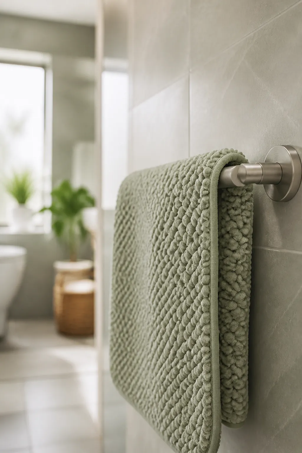 A bath mat hanging open across a short wall bar mounted a couple of inches off the tile wall.