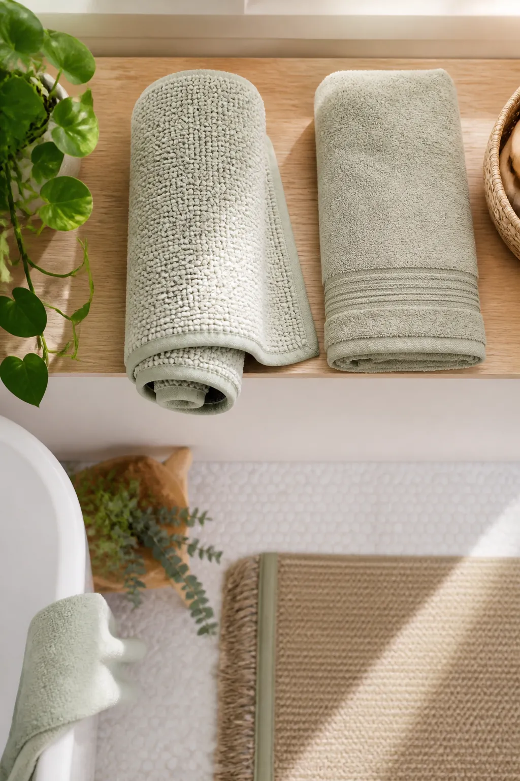 A bath mat rolled loosely with its rubber backing facing inward, resting on a shelf beside a folded towel.