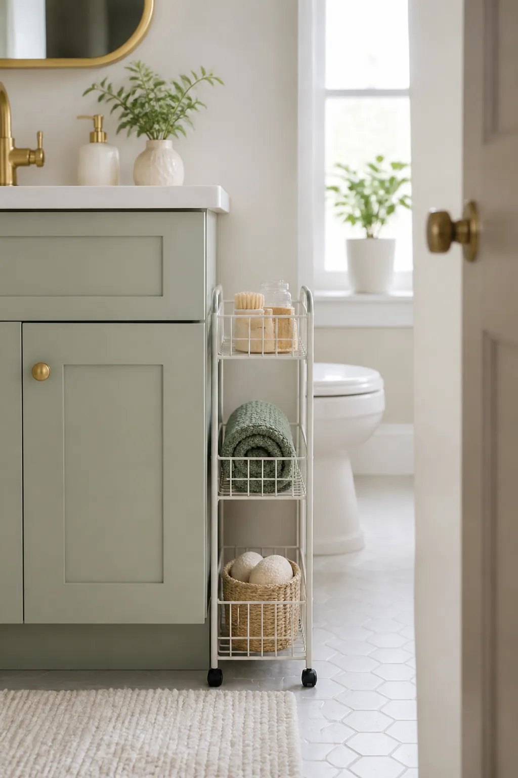 A rolled bath mat resting on the open wire tier of a slim rolling cart beside a bathroom vanity.
