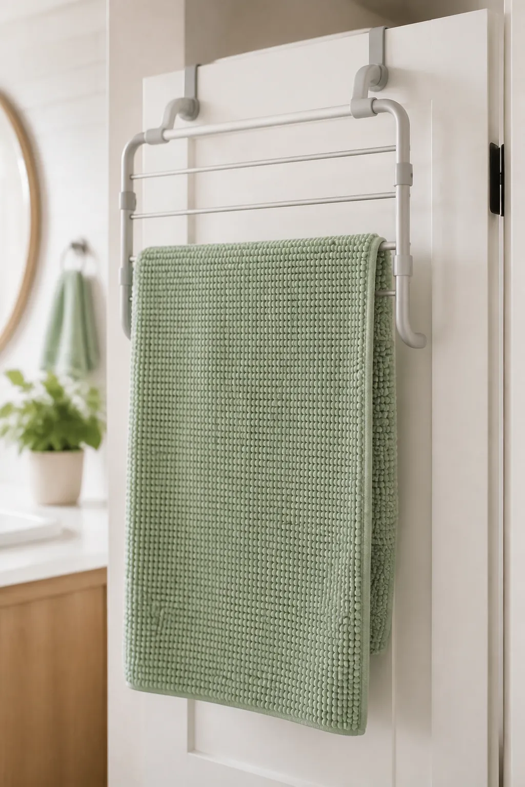 A spare bath mat hanging fully open across an over-the-door drying rack mounted on a bathroom door.