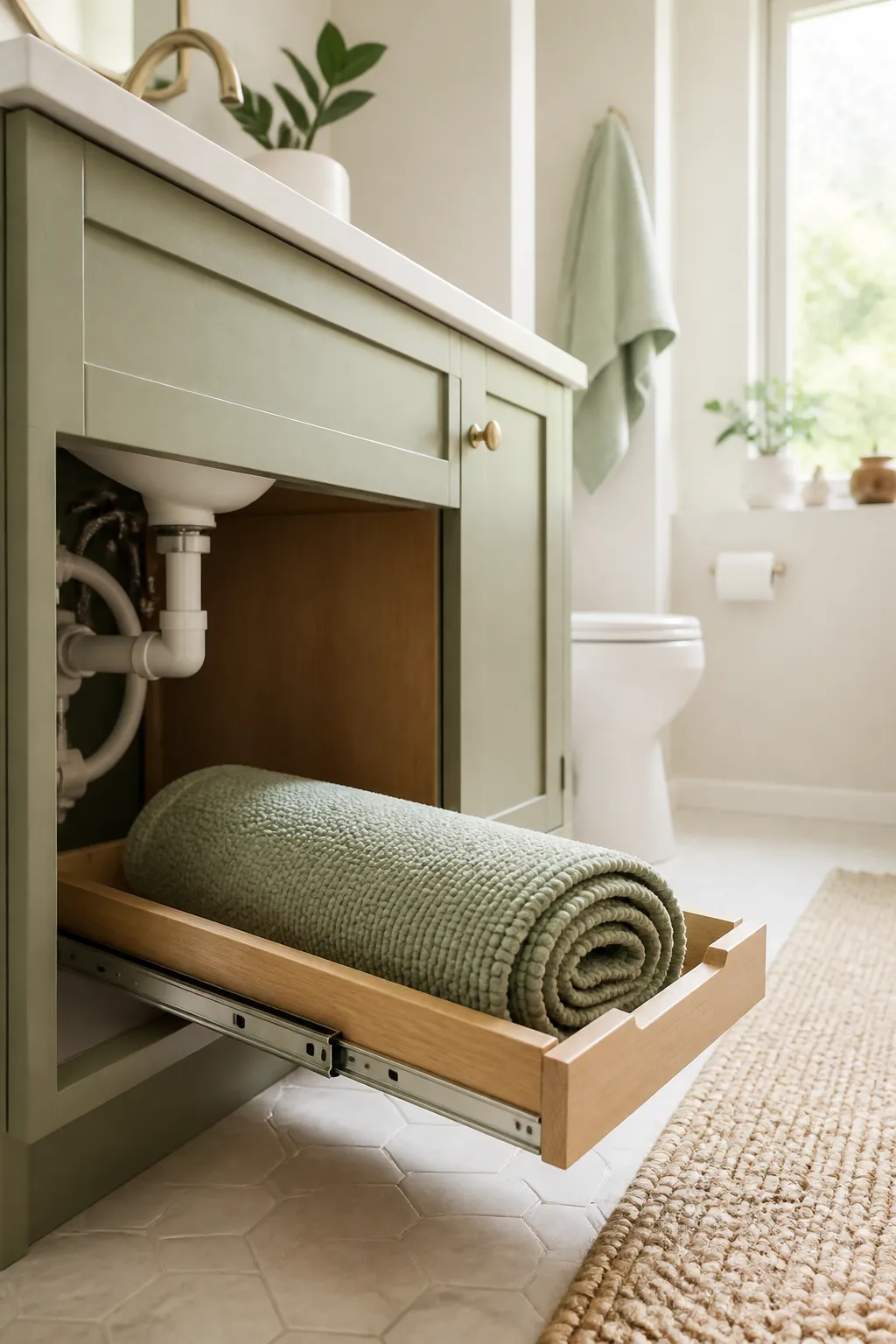 A neatly rolled bath mat resting in a pull-out tray slid out from an under-sink bathroom cabinet.