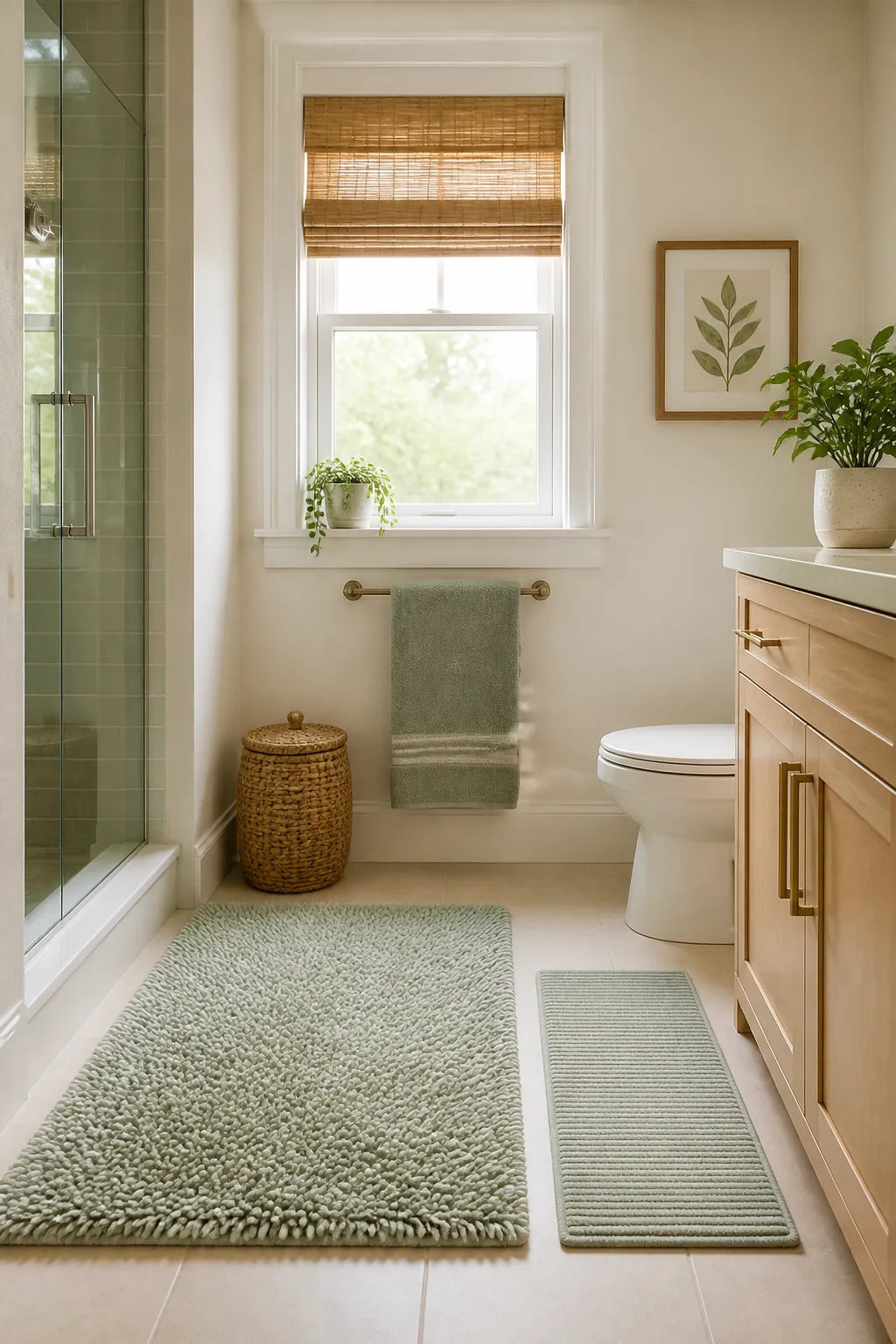 A thick chenille bath rug beside a thin ribbed microfiber mat, showing the difference in bulk between them.