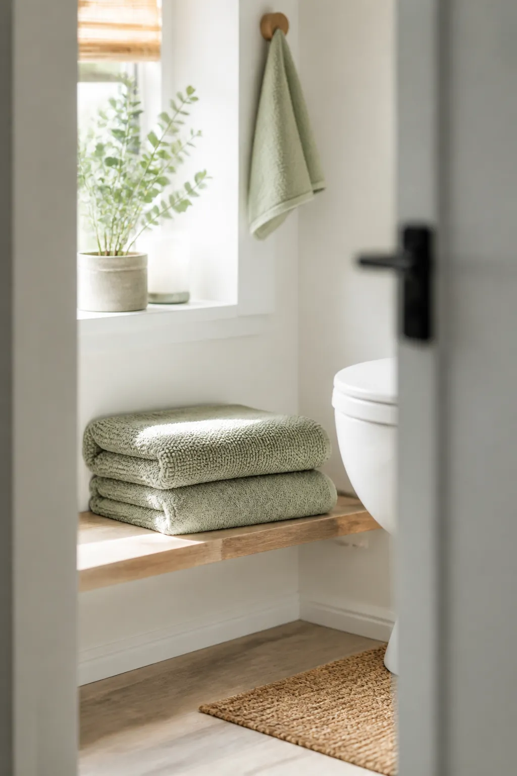 Two folded bath mats stacked together on a shelf, the full set kept for one small bathroom.