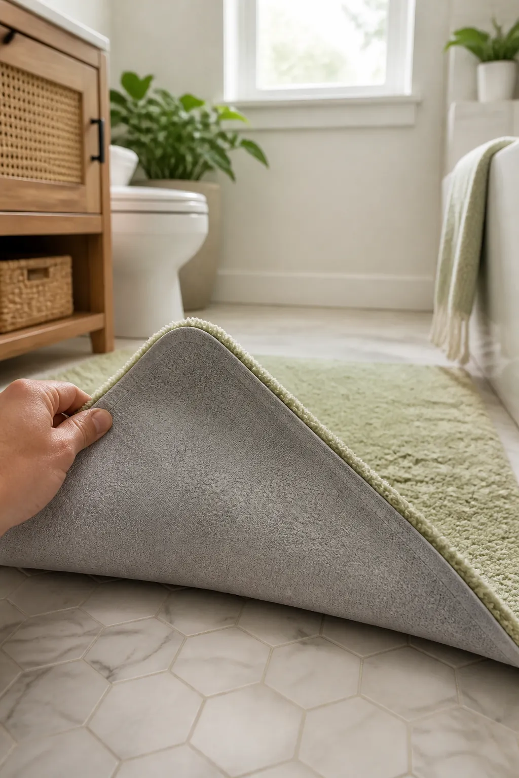 A hand checking the underside of a bath rug's rubber backing for cracking before unrolling it fully.