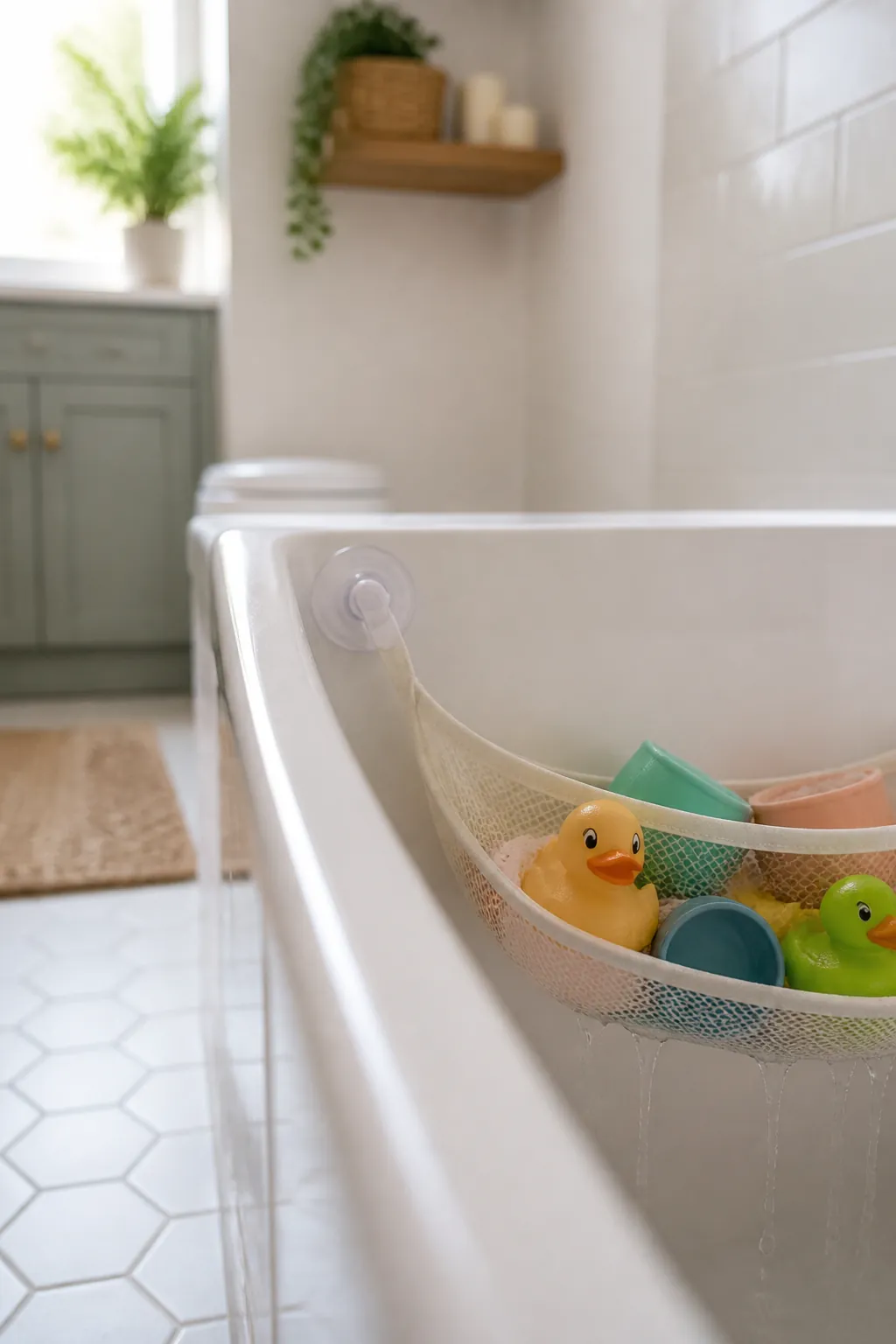 A mesh toy net hung in the corner of a bathtub with suction cups, toys draining into the tub below, in a small bathroom