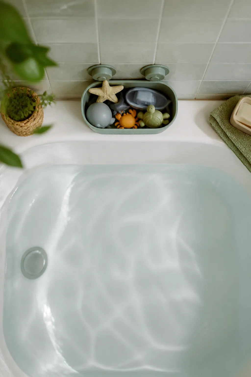 A suction-cup caddy mounted low on tub tile holding a few bath toys, the tub floor empty below it