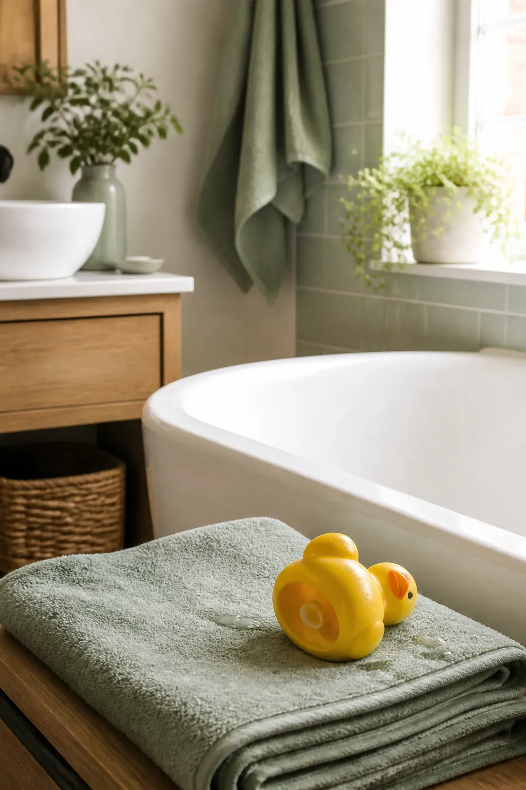 A rubber duck resting on its back on a folded towel, the small opening in its underside clearly visible