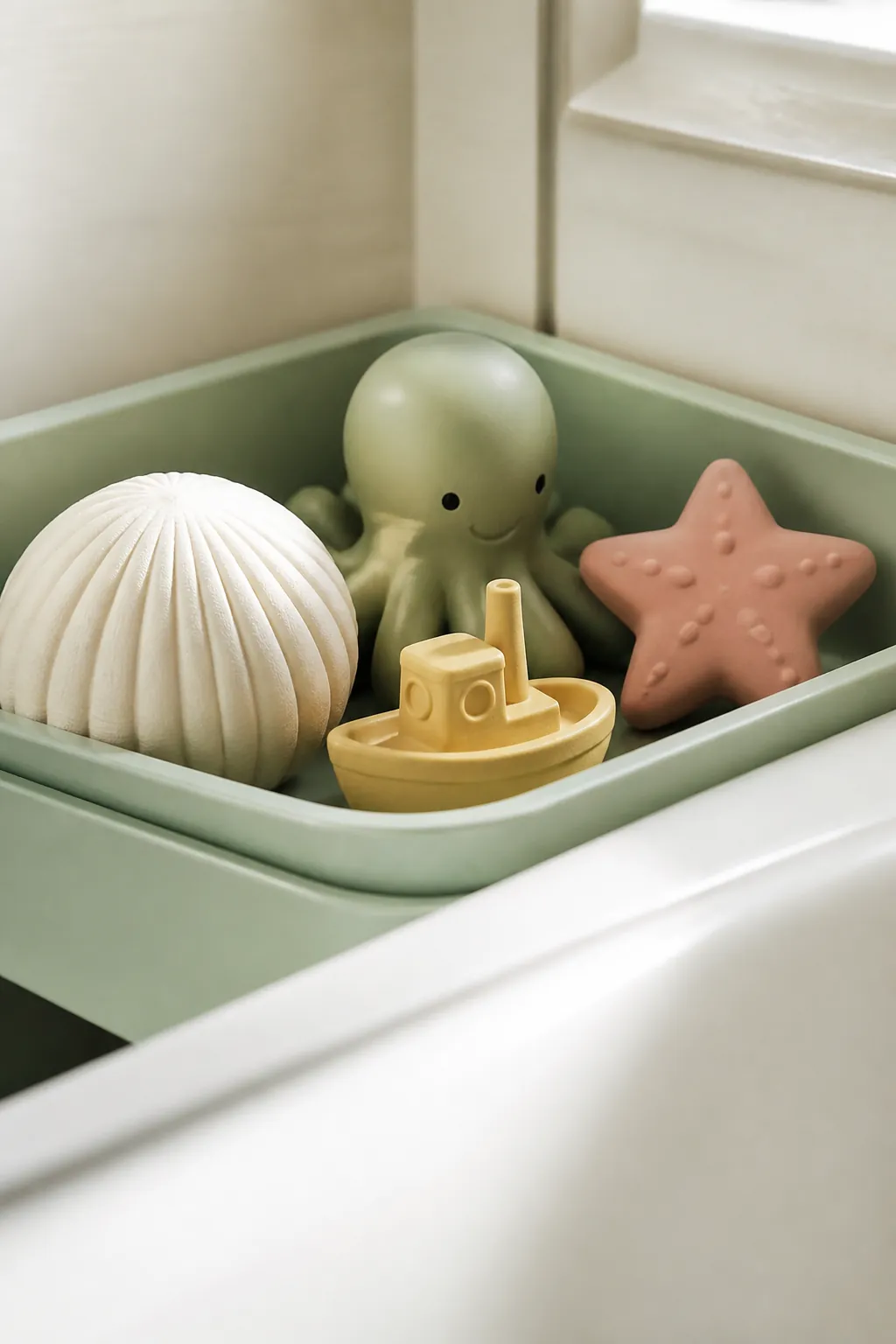 A toy caddy fitted into the dead corner of a bath rim where the rim ends meet