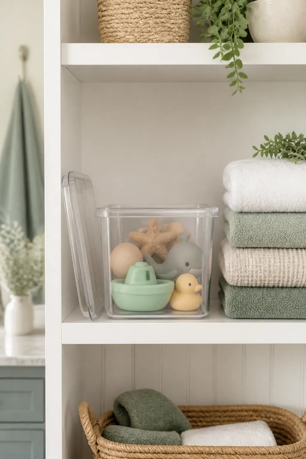 A clear stackable bin of dry bath toys on a closet shelf outside the bathroom, lid off, ready to rotate in