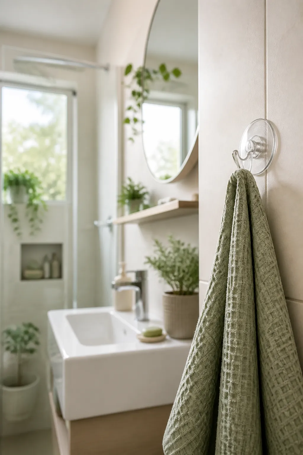 A suction hook on one large flat tile, with a grout line visible alongside it