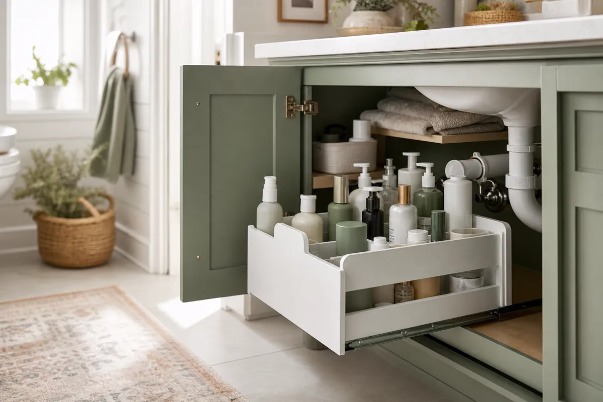 Pull-out under-sink organizer drawer slid forward in a vanity cabinet, a bathroom cabinet organization fix that makes the deep back reachable