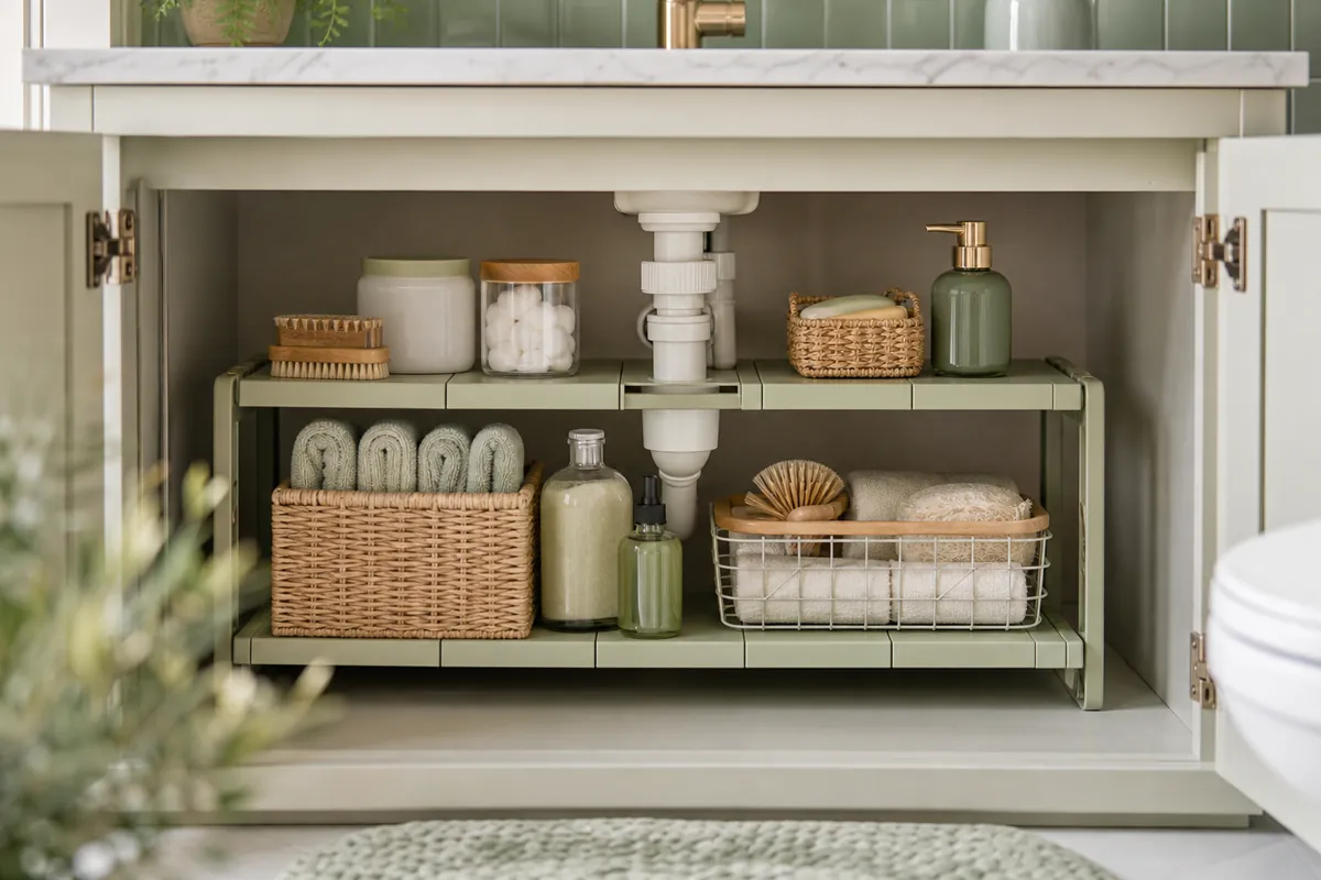 Two-tier under-sink shelf straddling the plumbing trap, doubling usable height in a small bathroom cabinet