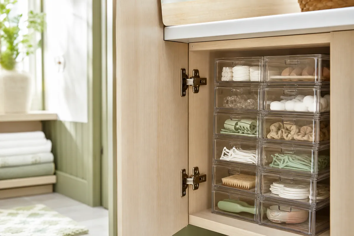 Clear drawer organizers holding small bathroom items in narrow categories inside a vanity cabinet, keeping bathroom cabinet organization tidy