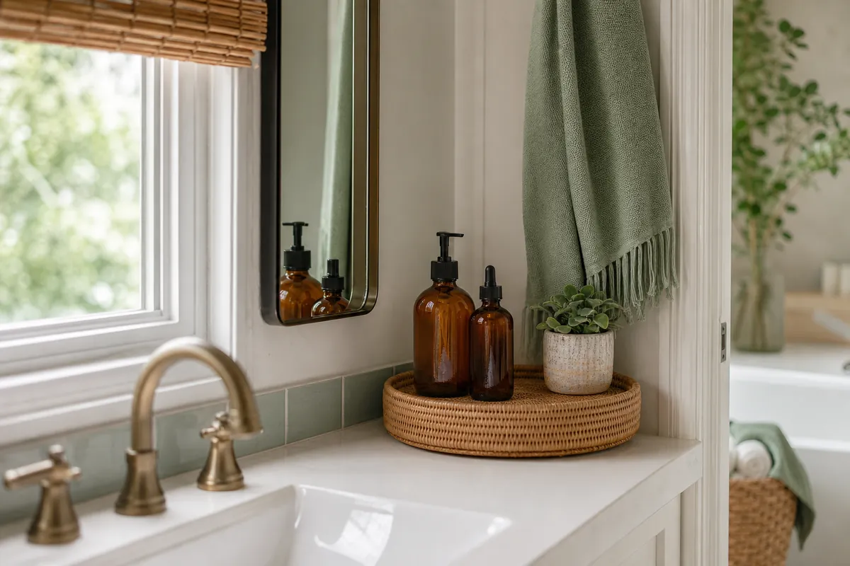 Tiny vanity counter with a corner turntable holding skincare bottles for easy bathroom counter organization on a narrow surface
