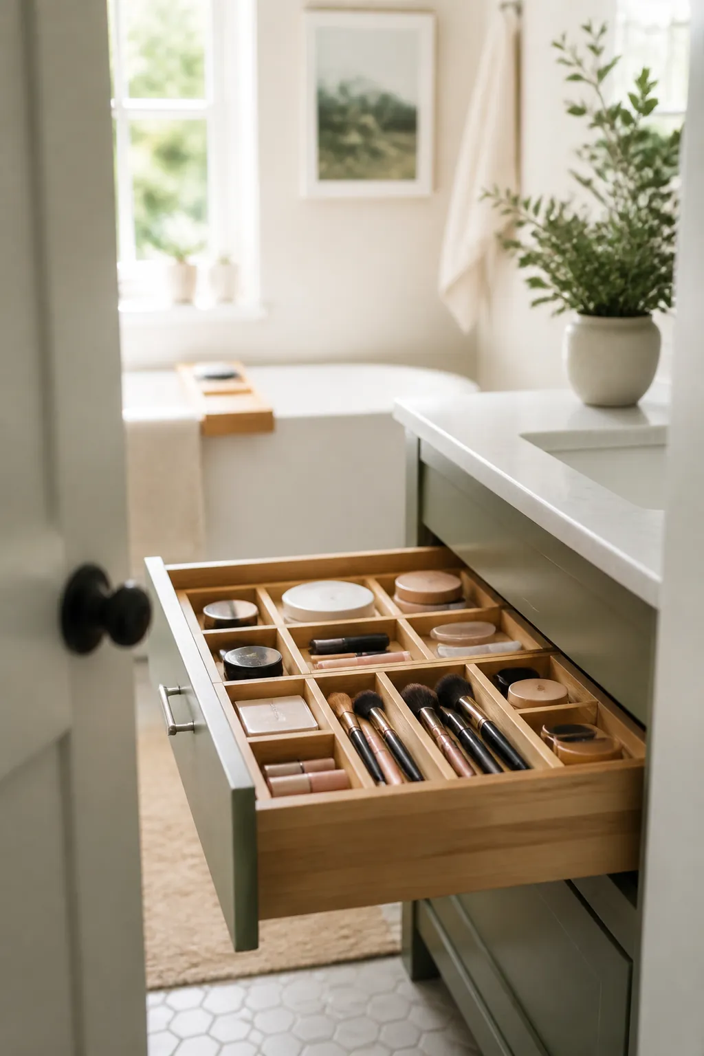 An open bathroom drawer split by bamboo dividers into lanes holding makeup and brushes